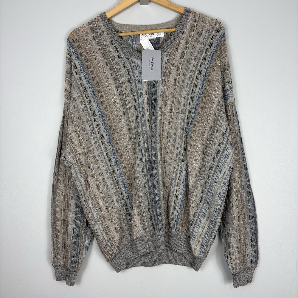 Vtg St Croix 3D Knit Mens L‎ Coogi Style Abstract Sweater Multi-Color 90s USA